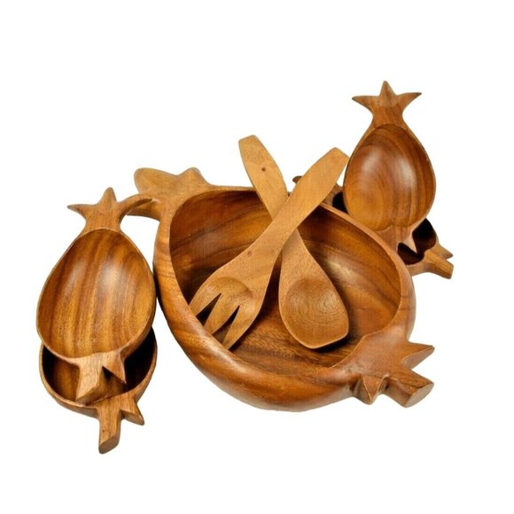 Vintage Monkey Pod Pineapple Wooden Bowl Salad Set 7 Pieces Tiki Beach - Picture 1 of 11